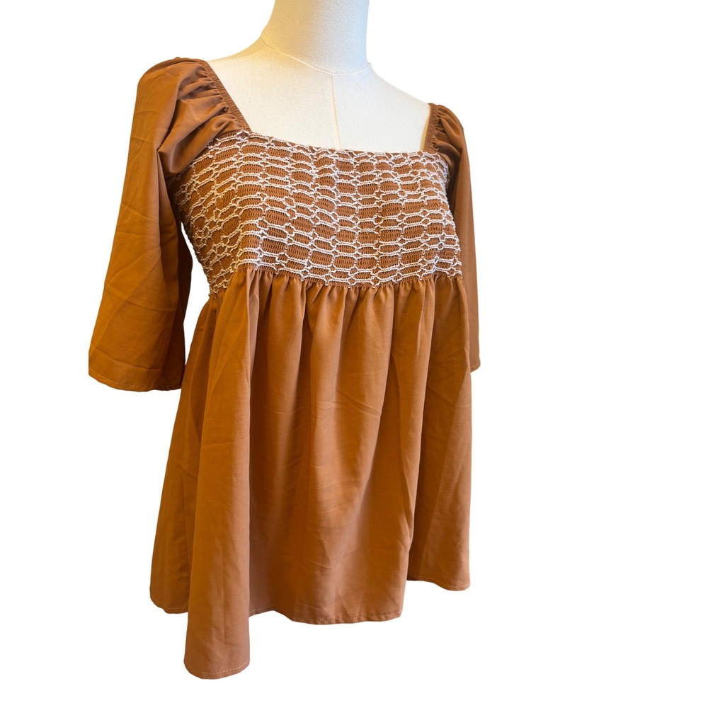 Brown Smocked Babydoll Blouse Womens Medium Cottagecore Puff Sleeve Tie Back Top